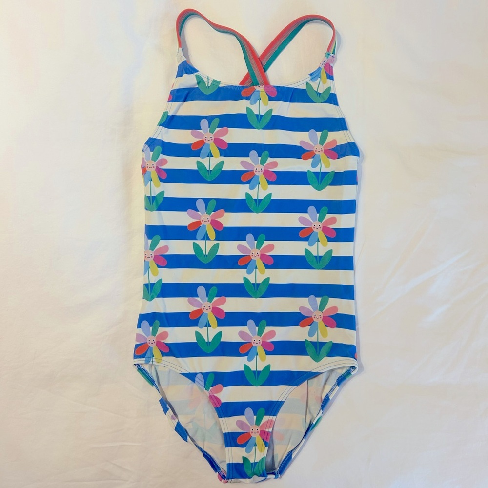 Mini Boden Cross-back Swimsuit Floral Striped Blue and Pink size 8-9